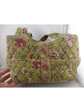MAGGIB Vintage Quilted Floral Tote Bag Purse Olive Green Red Beige Shoulder - I4